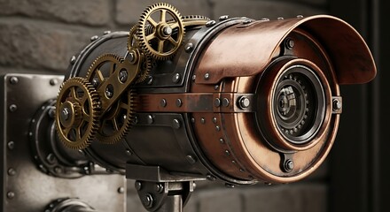 Steampunk Camera: Weathered Metallic Security System with Visible Gears for Surveillance and Vintage Tech Collections