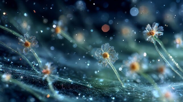 Fungal spores float in the air around the seeds, looking like dust particles under fluorescent light.