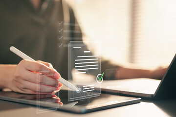 documents, checklist, audit, compliance, workflow, Close-up of a person using a stylus on a tablet with digital documents and checklists, symbolizing approval, validation, and workflow management.