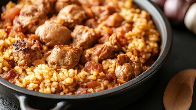 Close up of appetizing Spanish paella dish presented in a plate - Powered by Adobe