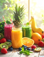 Vibrant Fruit Smoothies Assortment with Fresh Berries and Orange