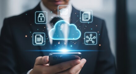 Businessman using smartphone with cloud computing technology and digital icons for data storage and security