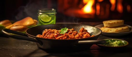 a close-up shot of a plate of chili con carne, with a glass of iced beverage and a small bowl on the side, all set against a warm, cozy fireplace background, realistic, high quality, cinematic lightin