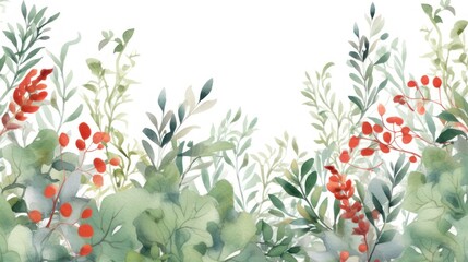"hand-painted floral landscape, watercolor painting, lush green foliage, vibrant red flowers, delicate botanical illustration, dreamy ethereal atmosphere, intricate leaf details, natural organic textu