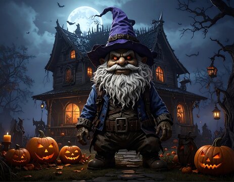 Spooky gnome with glowing eyes in front of a haunted house