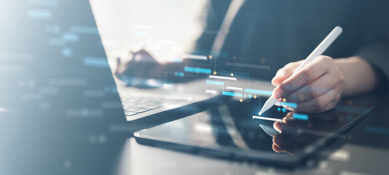 project, gantt, timeline, schedule, tasks, planning, Close-up of a person using a tablet with Gantt chart and project timeline overlay, representing project planning and management.