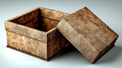 A rustic, textured wooden box with its lid partially open, revealing the interior.