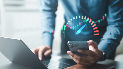 risk, volatility, market, investment, warning, alert, Businessman using smartphone with volatility gauge and stock chart overlay, symbolizing market risk, financial alert, and investment strategy.