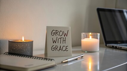 Inspirational Workspace with Candles and "Grow with Grace" Sign for Motivation and Productivity Enhancement