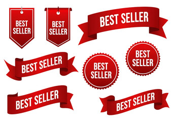 Best seller red banners, ribbons, and badges set for marketing.