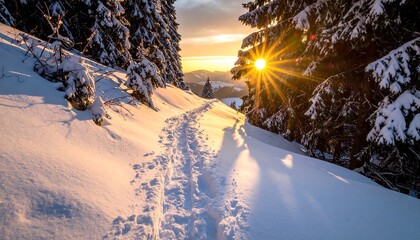 A snow-covered path winds through a forest of evergreens, leading towards a brilliant, radiant sunset over distant mountains