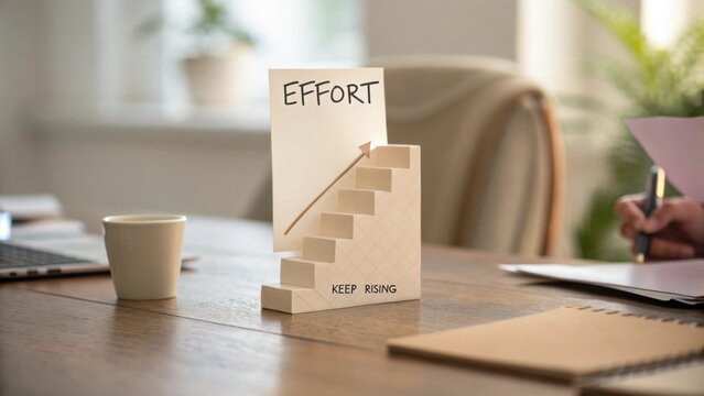 Inspirational workspace with a note saying 'Effort' and an arrow on a stair, symbolizing growth and motivation in business