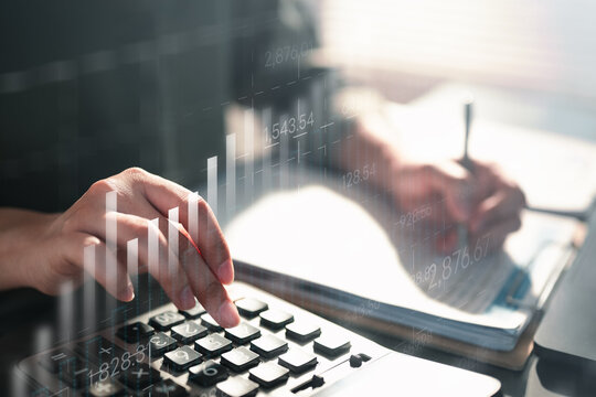 analysis, finance, accounting, profit, growth, Person using calculator and writing financial report, representing accounting analysis, budgeting, and business profit growth.