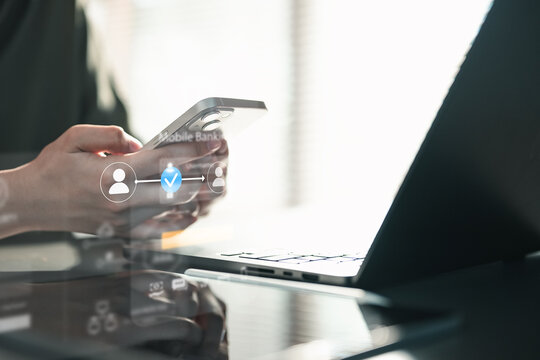 banking, online, transfer, payment, account, mobile, Person using smartphone for online banking and digital payment, symbolizing secure financial transaction and fintech technology.