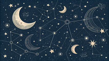 Mystical night sky filled with crescent moons and glowing stars