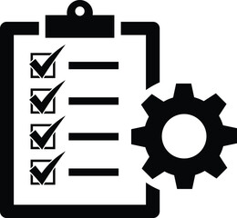 Black clipboard with checklist and gear icon cogwheel task