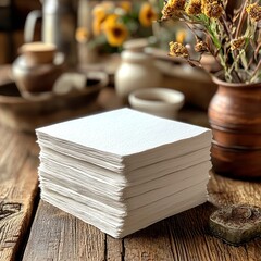 A stack of white square paper sheets sits on a weathered wooden surface, with dried flowers in a ceramic vase and pottery in the soft-focus background.