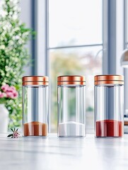 Three clear glass jars with copper lids, each containing a different ingredient, are displayed on a kitchen counter.