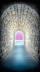 A stone tunnel with a wooden walkway and a bright pink, leafy exit at the far end.