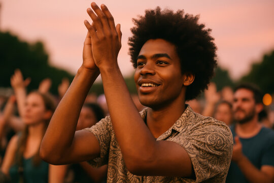 Joyful young man applauding enthusiastically at outdoor gathering during sunset with crowd in background, positive atmosphere