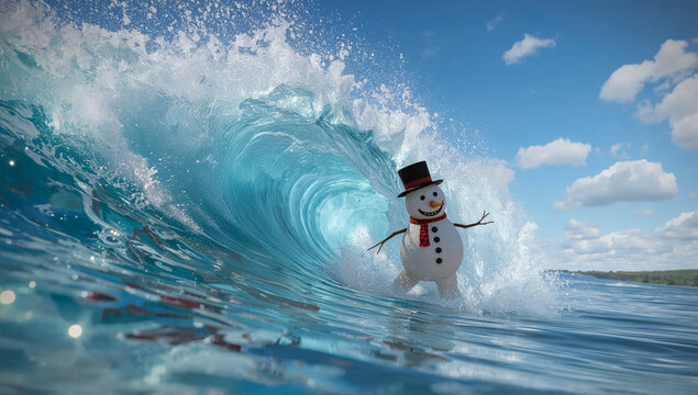 An AI-generated image in a 3D animation style of the snowman surfing the waves, and escaping the winter cold 