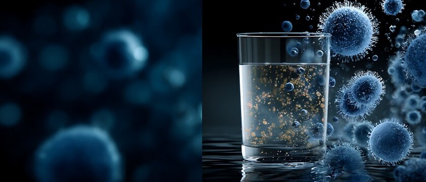 Comparative images of clean drinking water and water contaminated with microorganisms from both sides show the clear difference.