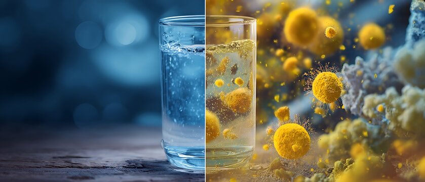 Comparative images of clean drinking water and water contaminated with microorganisms from both sides show the clear difference.