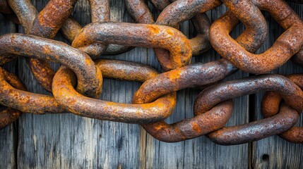 Fototapeta premium Close Up of Rusty Metal Chain Links on a Wooden Surface