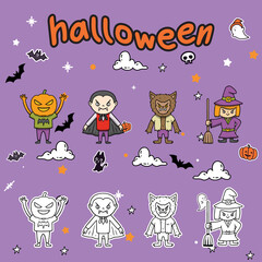 doodle cute funny cartoon monster halloween characters clip art hand drawn collection coloring comic page or book