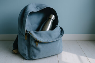 Minimalist blue backpack with stainless steel water bottle on white wooden floor against pastel wall
