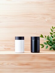 Two cylindrical jars, one white and one black, are displayed on a wooden shelf with a wood plank background and a sprig of green leaves.