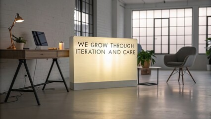 Modern workspace with illuminated sign promoting growth, collaboration, and creativity in a bright, inviting office environment