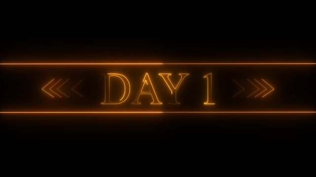 Neon sign with DAY1 in glowing orange text and decorative arrows on black day 1 number