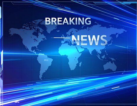 Graphical image of a breaking news banner over a stylized world map with blue light streaks, against a dark blue background.
