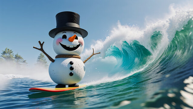 An AI-generated image in a 3D animation style of the snowman surfing the waves, and escaping the winter cold  - Powered by Adobe