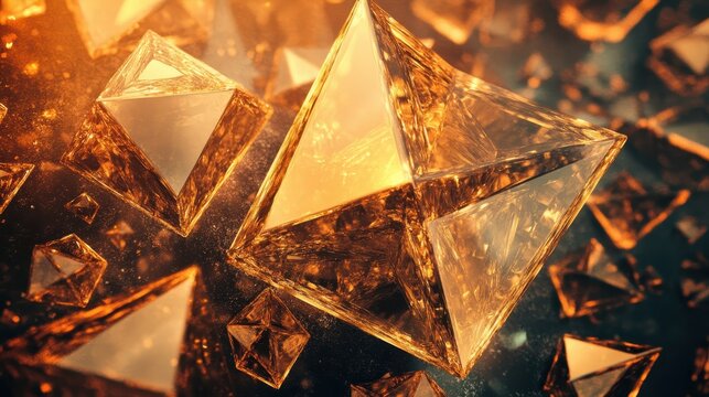 Close up of shimmering gold geometric prisms with bright light - Powered by Adobe