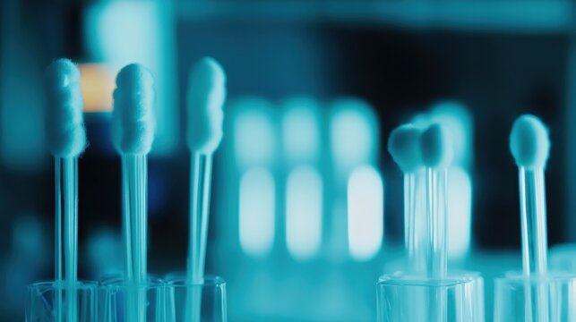 Close up of sterile cotton swabs in glass test tubes