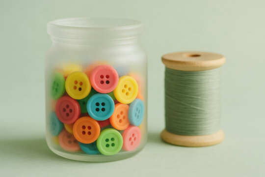 Colorful round sewing buttons in frosted glass jar beside spool of light green thread on pastel background, crafting supplies concept