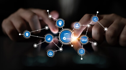 Concept of digital connectivity with hands using a device, showcasing various technology icons related to data management and communication in a modern design. Tessel