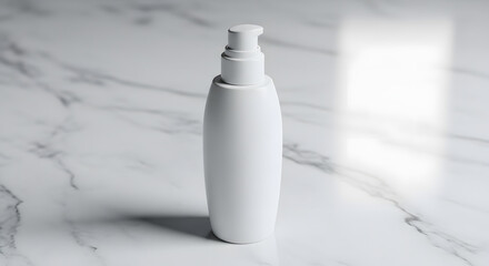 Luxury skincare product mockup with a blank white pump bottle on an elegant marble background for beauty branding
