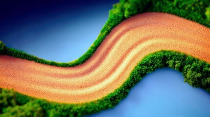 A curved dirt road with lush green grass lining its edges, set against a clear blue sky.