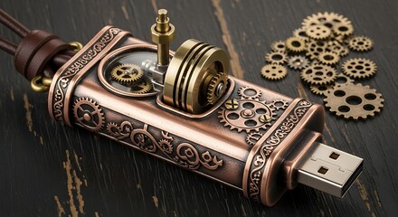 Steampunk USB Drive: Vintage Inspired Storage Device with Intricate Gears and Brass Details for Data Transfer