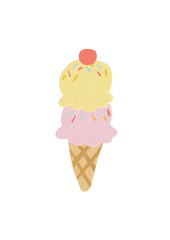 Double Scoop Ice Cream Cone with Cherry Vector Illustration