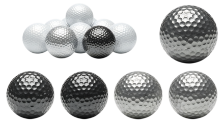 Collection of golf balls in various shades of gray isolated on transparent background, ideal for golfing and sports enthusiasts
