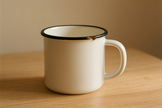 Vintage enamel mug with chipped rim placed on wooden surface in natural light, showcasing rustic and minimalist kitchenware