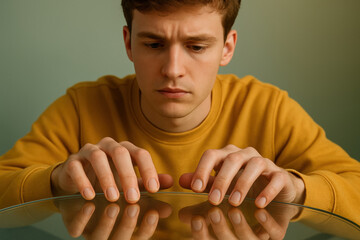 Curious young man in yellow sweater carefully examining transparent glass surface with focused expression in minimal setting