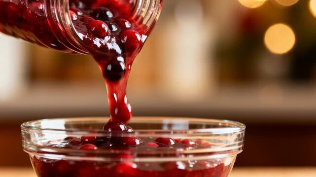 slow motion macro pour of warm cranberry sauce into glass bowl glossy texture ultra realistic 4k perfect for thanksgiving autumn or harvest season content