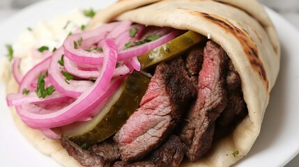 Close up shot of delicious Lebanese shawarma wrap with beef
