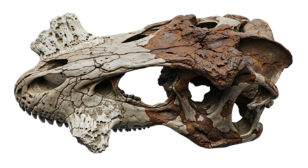 Fossilized skull of a dinosaur isolated on transparent background for paleontology and archeology purposes