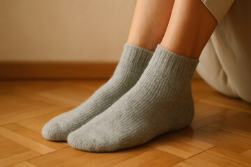 Cozy gray knitted socks on feet resting on wooden floor, comfortable warm indoor clothing for relaxation and comfort
